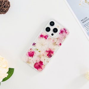 ピンクの桜と赤いアジサイの押し花の携帯ケース、iPhone 16 Pro Max 16e 15 Pro Max、Google Pixel 9A Pro 8A 7 Pro 6 Pro ケース用