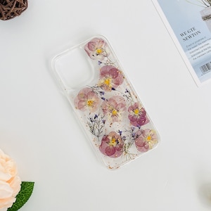 Custodia per telefono con fiori pressati in lamina oro rosa e viola naturale per iPhone 16 Pro Max 16e 15 Pro 14, custodia per Google Pixel 9A 8 Pro 7 Pro 6 Pro