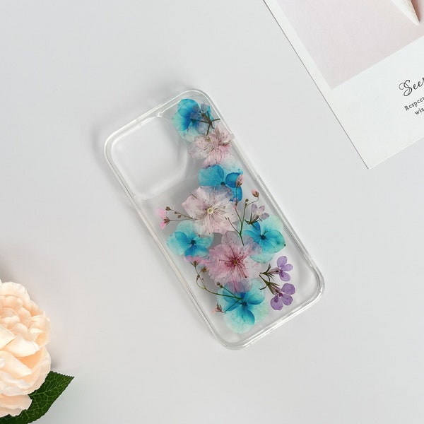 Pink sakura blue hydrangeas pressed flower phone case for iPhone 15 Pro Max iPhone 14,Samsung S24 Ultra A55 A34 case,Google Pixel 8 Pro 7A