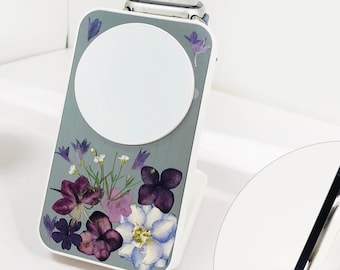 Natural purple blue flower pressed flower 3 in 1 magnetic wireless charging station, Magsafe charging stand for iPhone,AirPods,Apple Watch