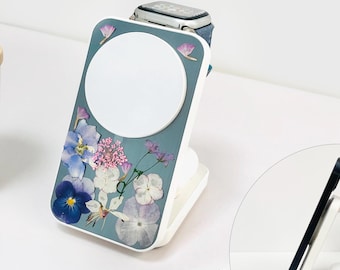 Natural real dried pressed flower 3 in 1 magnetic wireless charging station,Magsafe charging stand for iPhone 16 Pro Max,AirPods,Apple Watch