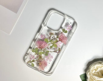 Pink sakura with silver foil pressed flower phone case for iPhone 16 Pro Max 16e 15 Pro Max 14,Google Pixel 8A 8 Pro 7 Pro 6 Pro case