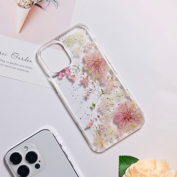 Pressed flower pink sakura phone case with glitter for iPhone 15 Pro Max, Samsung S24 Ultra A53 case, Google Pixel 8 Pro 7A case, Xiaomi