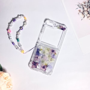 Purple hydrangea pansy pressed flower phone case for Samsung Z Flip 7 FE,Motorola razr 2025,iPhone 17 Pro Max case,Google Pixel 10 Pro case