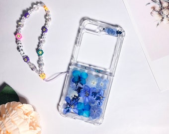 Natural blue pressed flower phone case for Samsung Z Flip 7FE,Motorola razr 2025,iPhone 17 Pro Max iPhone 16 Pro case,Google Pixel 10 Pro