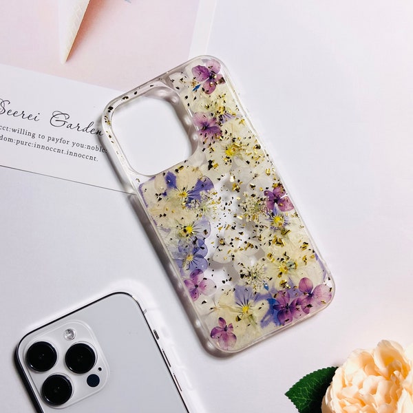 Étui de téléphone à fleurs pressées naturelles avec paillettes dorées pour iPhone 15 Pro Max, étui Samsung S24 Ultra A53, étui Google Pixel 8 Pro 7A, Xiaomi