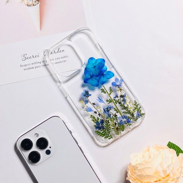 Natural blue pressed flower phone case for iPhone 15 Pro Max 13 Pro Max 12 11 Xr, Samsung S24 Ultra S24 Ultra case, Google Pixel 8 Pro 7A