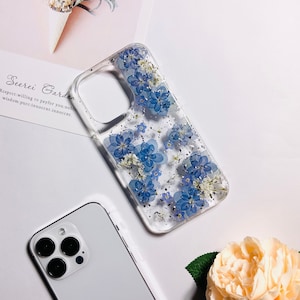 Coque de portable bleue hortensia à fleurs pressées avec paillettes pour iPhone 16 Pro Max 16e 15 Pro Max iPhone 13, coque pour Google Pixel 9A Pro 8 Pro 7 Pro,