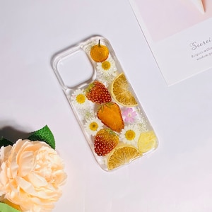 Coque de portable fleurs pressées, fruits orange fraise pour iPhone 16 Pro Max 15 Pro, coque Samsung Z Flip 6 S25 Edge S25 Ultra A34, Google Pixel 9A