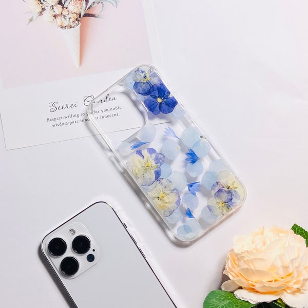 Blue flower pressed flower phone case for iPhone 15 Pro Max iPhone 13, Samsung S24 Ultra Samsung S23 Ultra A53 case, Google Pixel 7 Pro 7A