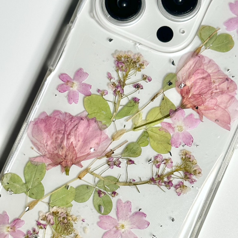 Pink sakura with silver foil pressed flower phone case for iPhone Duo 18 Pro Max 15 Pro Max 14,Google Pixel 11 Pro 9 Pro 8 Pro case image 3