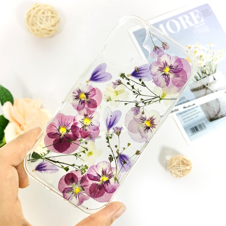 Natural purple flower pressed flower phone case for iPhone 17e 16e 15 14,Google Pixel 11 9 Pro 8 case,Samsung S26 Edge S25 Ultra case image 3