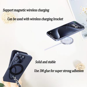 May include: A black phone case with a ring holder and a magnetic wireless charging feature. The case is shown on a white surface with a wireless charging pad and a phone on top of it. The text "Support magnetic wireless charging" and "Can be used with wireless charging bracket" is shown above the phone. The text "Solid and stable" and "Use 3M glue for super strong adhesion" is shown below the phone case.