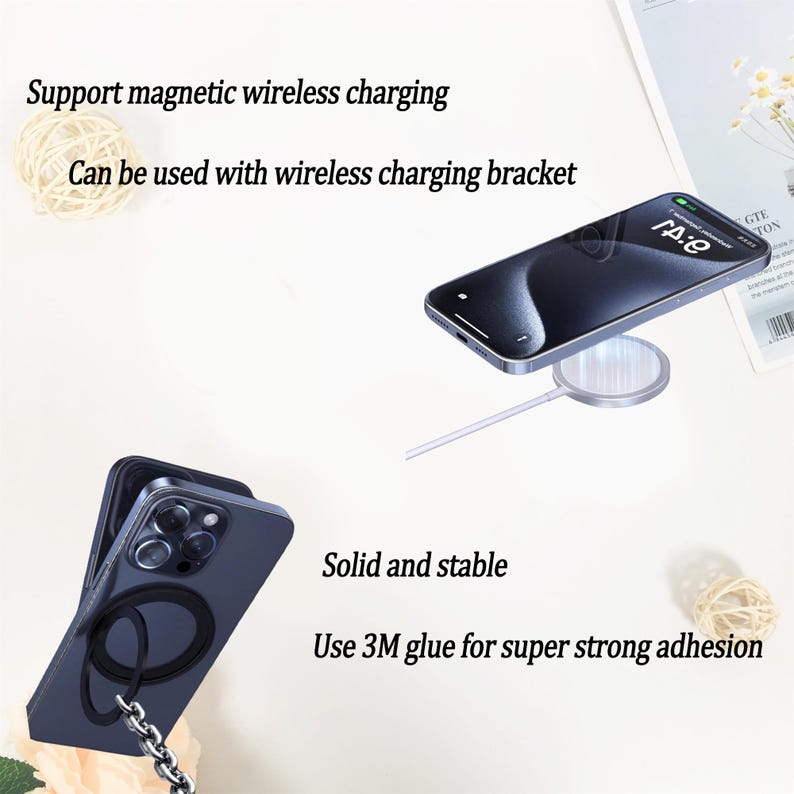 May include: A black phone case with a ring holder and a magnetic wireless charging feature. The case is shown on a white surface with a wireless charging pad and a phone on top of it. The text "Support magnetic wireless charging" and "Can be used with wireless charging bracket" is shown above the phone. The text "Solid and stable" and "Use 3M glue for super strong adhesion" is shown below the phone case.