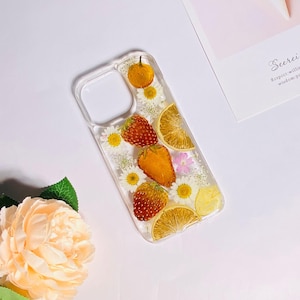 Custodia per telefono con fiori pressati di frutta e arancia e fragola per iPhone 17 Pro Max 15 Pro, custodia per Samsung Z Flip 6 S25 Edge S25 Ultra A34, Google Pixel 9A