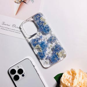 Blue hydrangea pressed flower phone case with glitter for iPhone 17 Pro Max 16e 15 Pro Max iPhone 13,Google Pixel 9A Pro 8 Pro 7 Pro case,