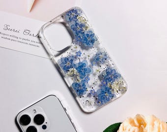 Blue hydrangea pressed flower phone case with glitter for iPhone 17e 16e 15 Pro Max iPhone 13,Google Pixel 9A Pro 8 Pro 7 Pro case,