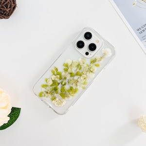 Natürliche grüne Blatt weiße Blume gepresste Blume Handytasche für iPhone 17e 16e 15 Pro Max 14, Google Pixel 10 Pro 9A 8 Pro 7 Pro Hülle