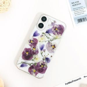 Natural purple flower pressed flower phone case for iPhone 17 Pro Max 16e 15 14,Google Pixel 10 9 Pro 8 case,Samsung S25 Edge S25 Ultra case