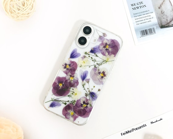 Natural purple flower pressed flower phone case for iPhone 17e 16e 15 14,Google Pixel 10 9 Pro 8 case,Samsung S26 Edge S25 Ultra case