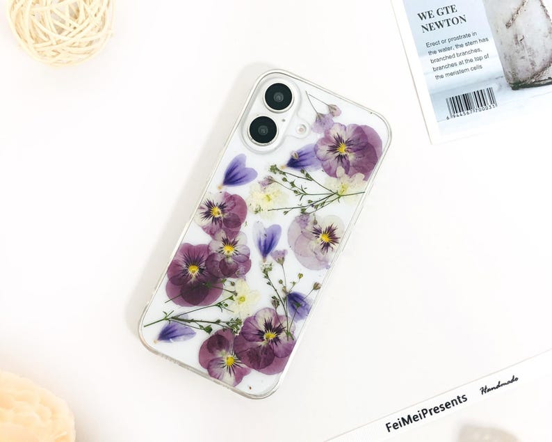 Natural purple flower pressed flower phone case for iPhone 17e 16e 15 14,Google Pixel 11 9 Pro 8 case,Samsung S26 Edge S25 Ultra case image 1