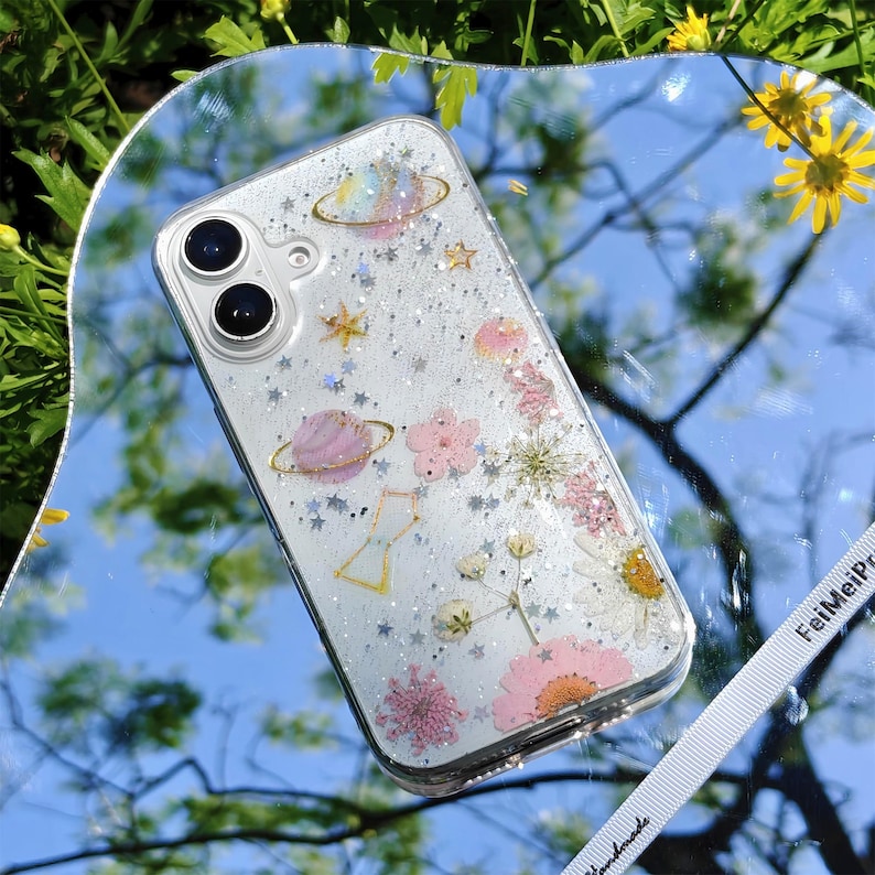 Custom name starry sky real flower phone case with glitter,for iPhone 17e 16e iPhone 15 Pro 14 13,Google Pixel 11 Pro 9A 9 Pro 7 Pro image 4