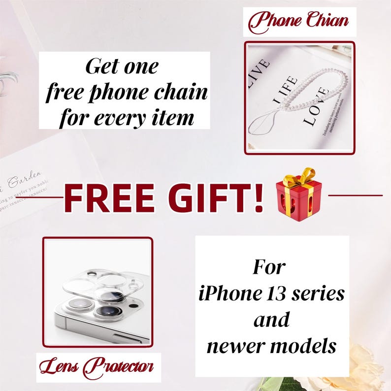 The image is a promotional poster for a free phone chain and lens protector, along with a gift for iPhone 13 series and newer models.