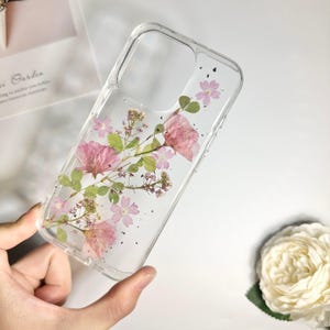 Pink sakura with silver foil pressed flower phone case for iPhone Duo 18 Pro Max 15 Pro Max 14,Google Pixel 11 Pro 9 Pro 8 Pro case image 6