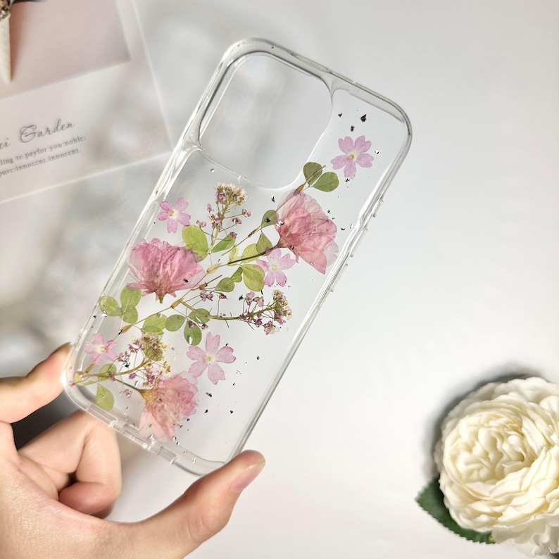 Pink sakura with silver foil pressed flower phone case for iPhone Duo 18 Pro Max 15 Pro Max 14,Google Pixel 11 Pro 9 Pro 8 Pro case image 6