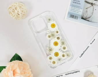 Custom name natural real daisy phone case with glitter,for iPhone Duo 18 Pro Max iPhone 15 Pro 14 13,Google Pixel 11 Pro 9A 9 Pro 8 Pro 7