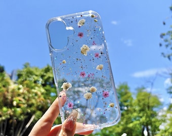 Custom name natural purple white flower phone case with glitter,for iPhone 17 Pro Max 16e iPhone 15 Pro 14 13,Google Pixel 10 Pro 9 Pro 7Pro
