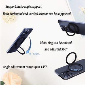 May include: A black phone case with a rotating metal ring holder. The ring can be rotated 360 degrees and adjusted to a 135-degree angle. The text "0~135&deg;" and "360&deg;" is visible on the case.