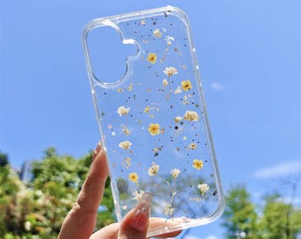 Custom name natural yellow white flower phone case with glitter,for iPhone 17 Pro Max 16e iPhone 15 Pro 14 13,Google Pixel 10 Pro 9 Pro 7Pro