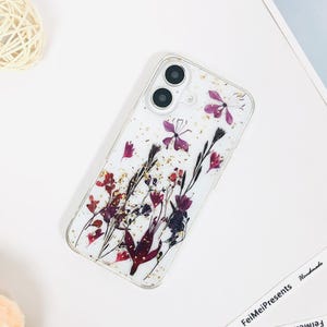 Purple red flower with gold foil pressed flower phone case for iPhone 17 Pro Max 16e 15,Google Pixel 10 case,Samsung S25 Edge S25 Ultra case