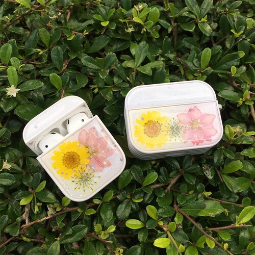 Pressed Real Dried Yellow Flower Airpods Cases White Full Etsy