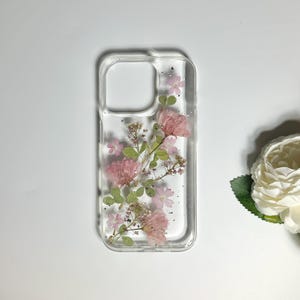 Pink sakura with silver foil pressed flower phone case for iPhone Duo 18 Pro Max 15 Pro Max 14,Google Pixel 11 Pro 9 Pro 8 Pro case image 4