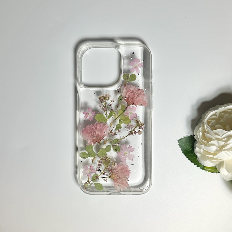 Pink sakura with silver foil pressed flower phone case for iPhone Duo 18 Pro Max 15 Pro Max 14,Google Pixel 11 Pro 9 Pro 8 Pro case image 4