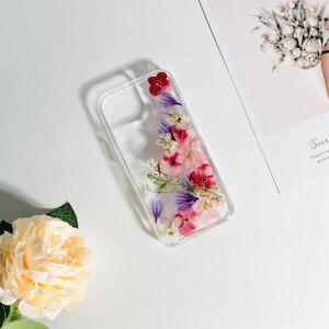 Pink hydrangea purple mallow pressed flower phone case for iPhone 17e 16e 15 Pro Max iPhone 13 Pro Max,Google Pixel 10 9 Pro 8A
