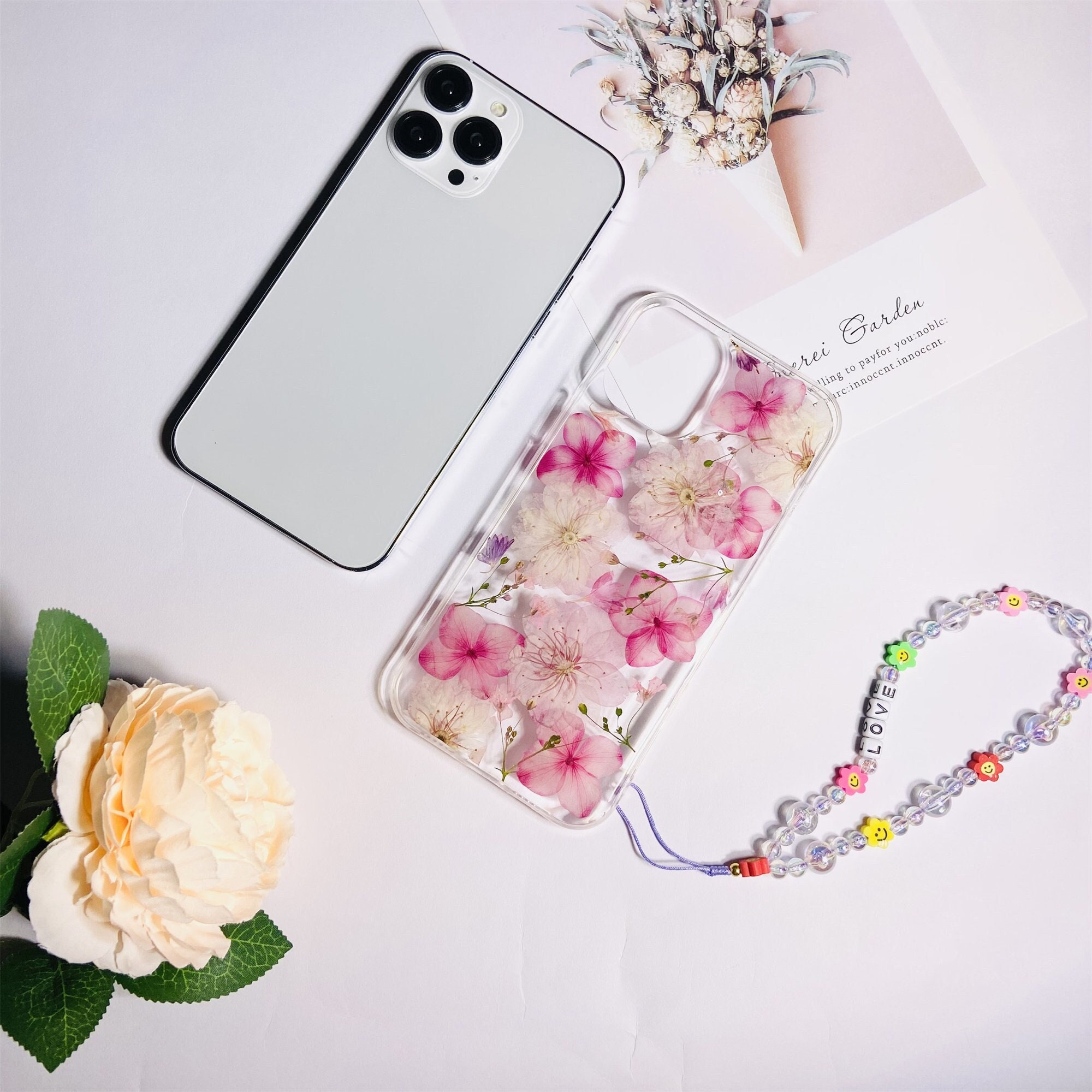 Pink Sakura Hydrangea Pressed Flower Phone Case for iPhone Duo 18