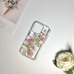 Pink sakura with silver foil pressed flower phone case for iPhone 17 Pro Max 16e 15 Pro Max 14,Google Pixel 10 Pro 9 Pro 8 Pro case