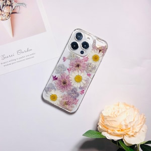 Purple white daisy pressed flower phone case for iPhone 17 Pro Max 16e 15 14, Samsung S25 Edge S25 Ultra S24 Ultra A53 case, Google Pixel 10
