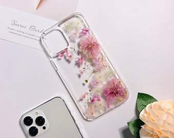 Pink sakura pressed flower phone case for iPhone 17 Pro Max 16e 15 Pro Max iPhone 14 13, Google Pixel 10 Pro 9A 8 Pro 7 Pro case, Xiaomi