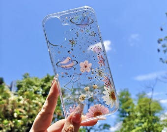 Custom name starry sky real flower phone case with glitter,for iPhone 17e 16e iPhone 15 Pro 14 13,Google Pixel 10 Pro 9A 9 Pro 7 Pro