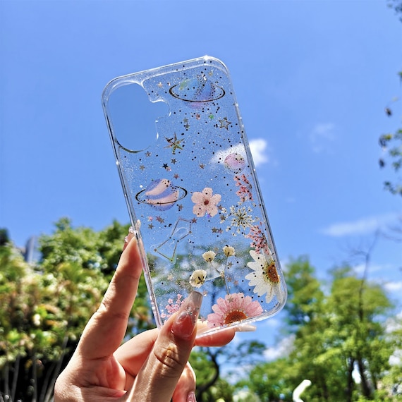 Custom name starry sky real flower phone case with glitter,for iPhone 17e 16e iPhone 15 Pro 14 13,Google Pixel 10 Pro 9A 9 Pro 7 Pro