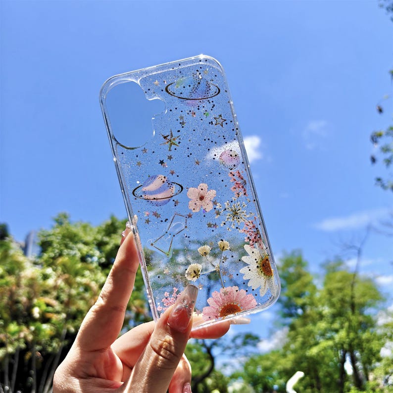 Custom name starry sky real flower phone case with glitter,for iPhone 17e 16e iPhone 15 Pro 14 13,Google Pixel 11 Pro 9A 9 Pro 7 Pro image 1
