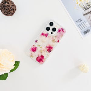Funda para teléfono con flores de cerezo rosas y hortensias rojas prensadas para iPhone 17e 16e 15 Pro Max, Google Pixel 10 Pro 9A 8 Pro 7 Pro