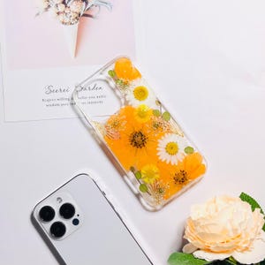 Orange big flower pressed flower phone case for iPhone 17 Pro Max 15 Pro, Samsung S25 Edge S25 Ultra A53 case, Google Pixel 10 Pro 9A 8 Prro