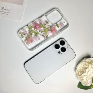 Pink sakura with silver foil pressed flower phone case for iPhone Duo 18 Pro Max 15 Pro Max 14,Google Pixel 11 Pro 9 Pro 8 Pro case image 7