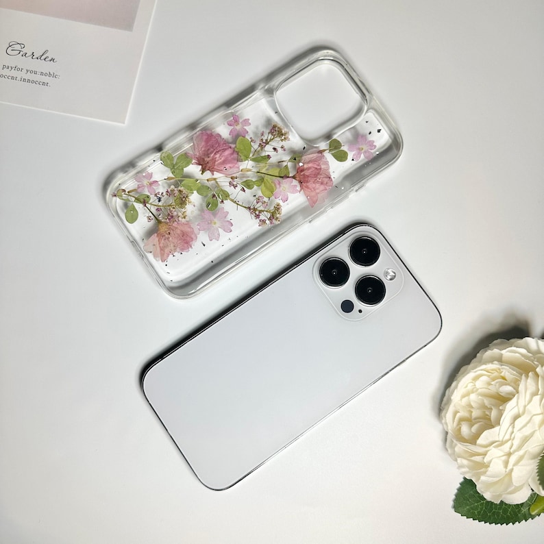 Pink sakura with silver foil pressed flower phone case for iPhone Duo 18 Pro Max 15 Pro Max 14,Google Pixel 11 Pro 9 Pro 8 Pro case image 7