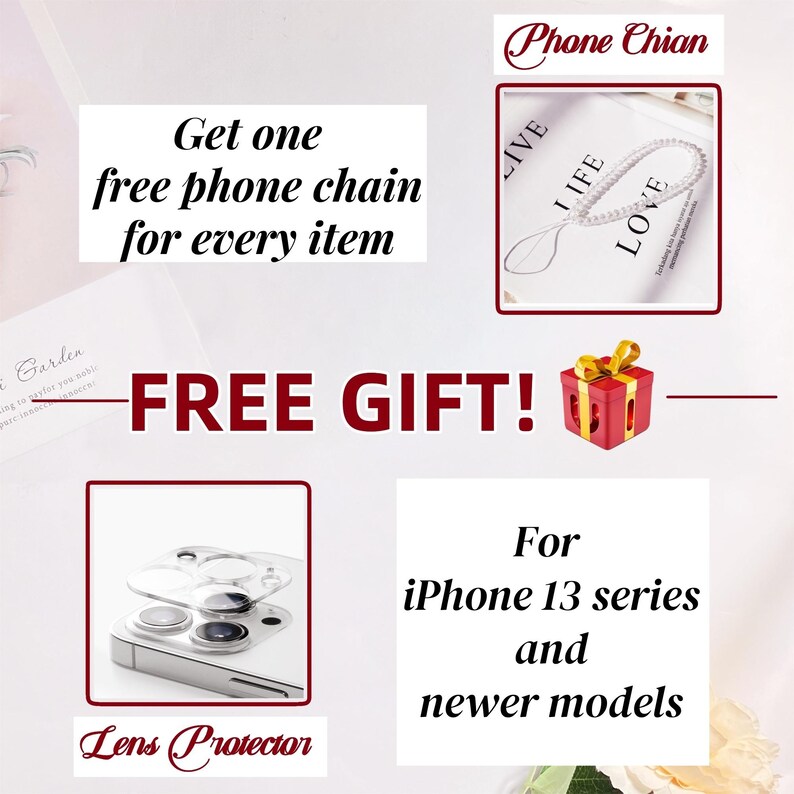 The image is a promotional poster for a free phone chain and lens protector, along with a gift for iPhone 13 series and newer models.